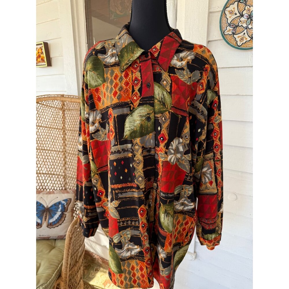 Vintage 80s Abstract Floral Oversized Rayon Long Button Blouse Size M/38